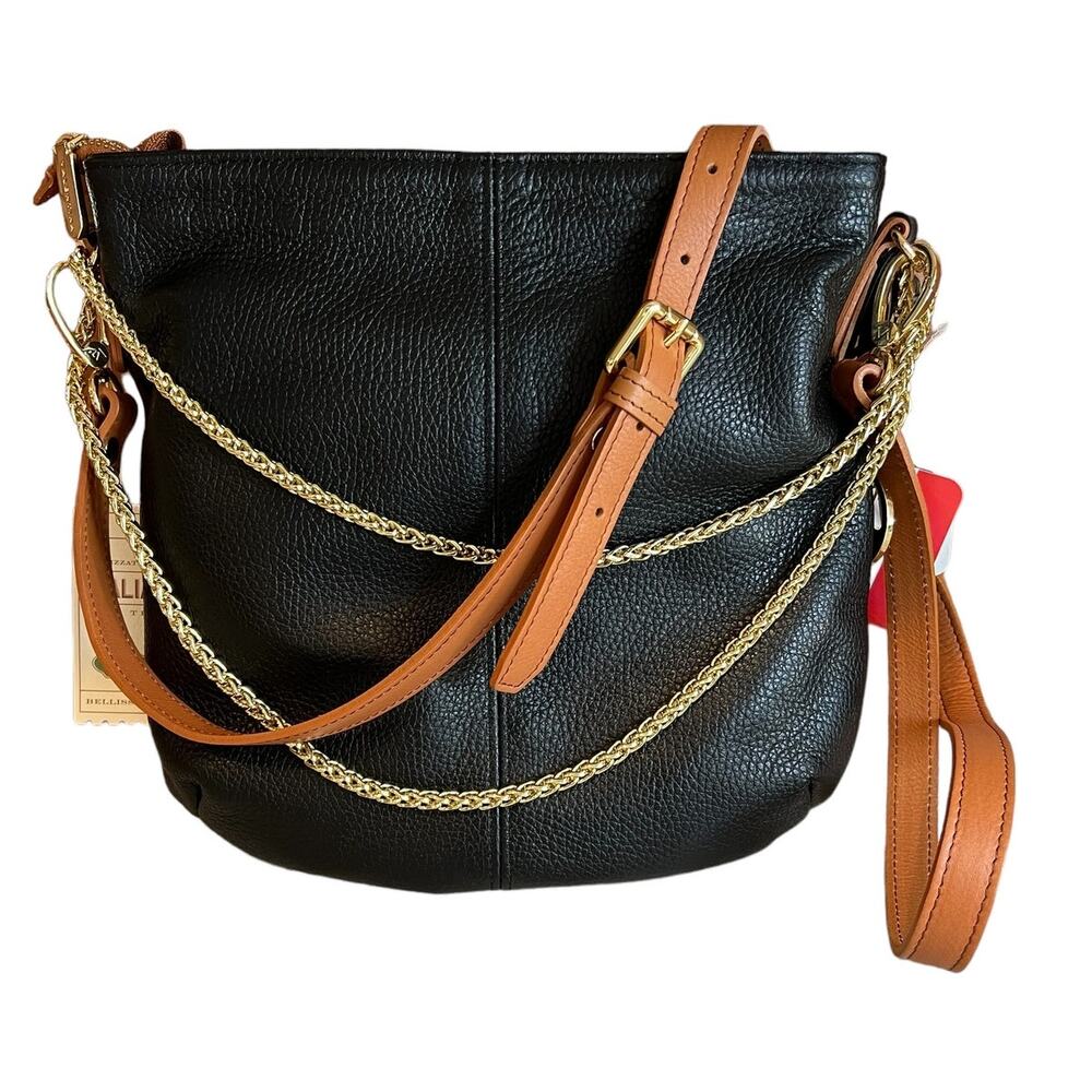 Valentina Italian Pebbled Leather Crossbody Bag Black Gold Chain Detail